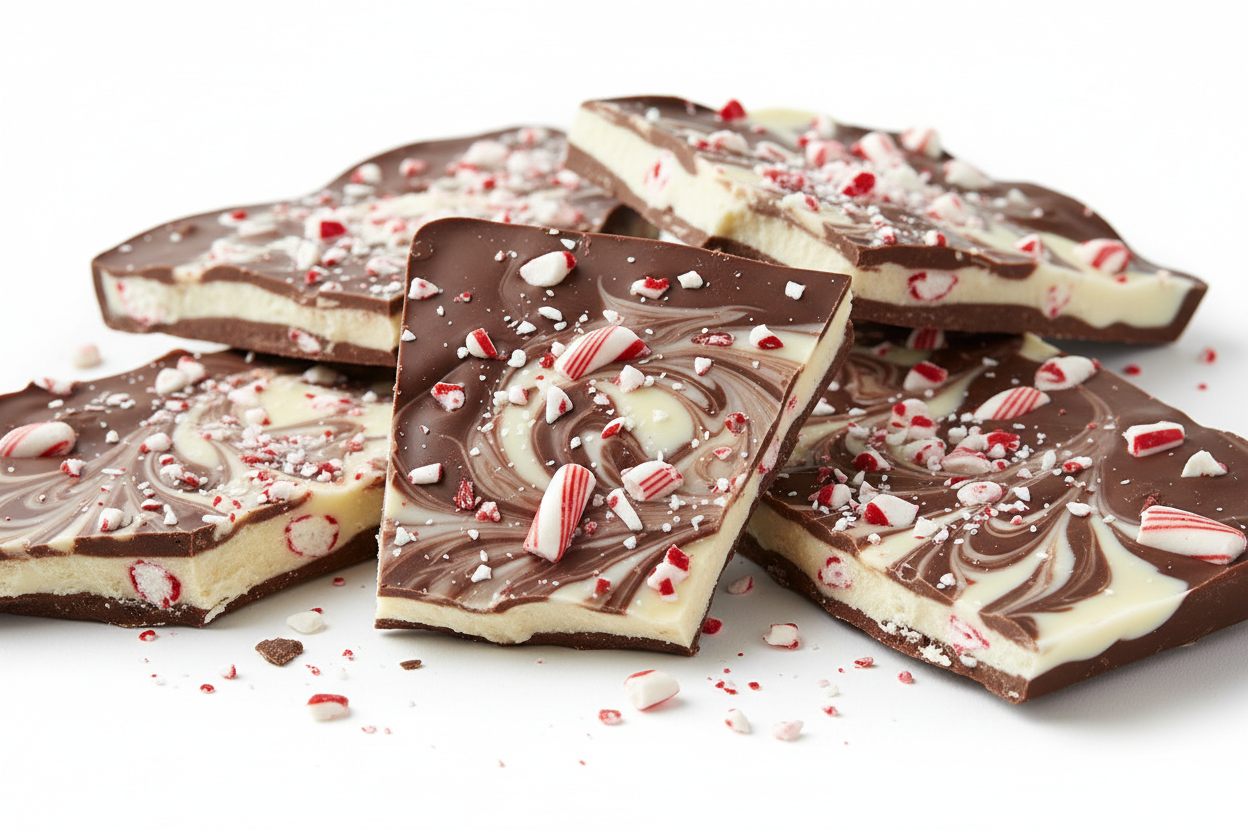 i swirl the 2 chocolates togetther then add crushed peppermint on top. i dont do it in layers as this shows